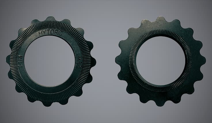 Two HYTORC TRUE-LOCK Reaction Washers, showing the knurling on both sides